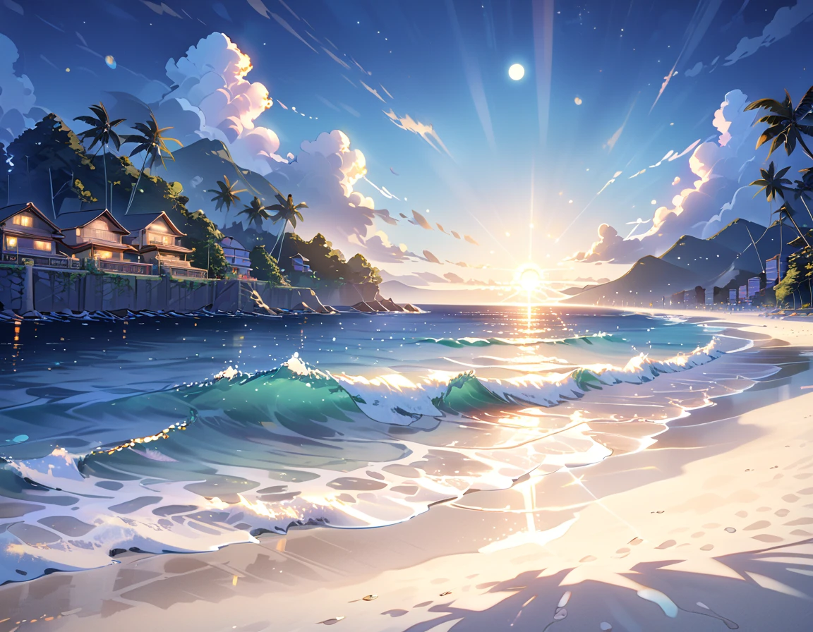 Highest quality、detailed、More information、beautifully、Anime Scenery、summer、Ocean、Ocean岸、Sandy Beach、beautifulOcean、tide、No people、Sun reflection、Quiet waves、Emotional、Attractive landscape painting、bright、shadow、beautiful、night、beautifulnight景、youth、summer、Beach、