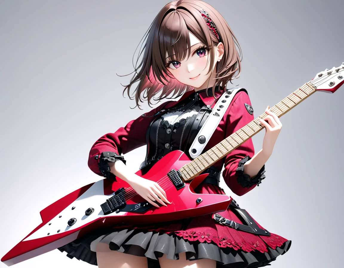 (((White background:1.2)))、(((The entire guitar is visible:1.5))),((masterpiece、Ultra HD、Masterpiece、４K)))、Perfect Style、Playing a white electric guitar、Scandinavian Gothic Metal Girl, Intense gaze into the camera, Intricate details, Highly detailed eyes, Brown bob hair、Pink Gothic Dress,  Intricate details、smile、mini skirt、Dynamic Movement、(((The entire guitar is visible:1.5)))