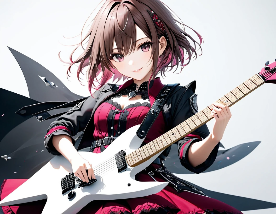 (((White background:1.2)))、(((The entire guitar is visible:1.5))),((masterpiece、Ultra HD、Masterpiece、４K)))、Perfect Style、Playing a white electric guitar、Scandinavian Gothic Metal Girl, Intense gaze into the camera, Intricate details, Highly detailed eyes, Brown bob hair、Pink Gothic Dress,  Intricate details、smile、mini skirt、Dynamic Movement、(((The entire guitar is visible:1.5)))