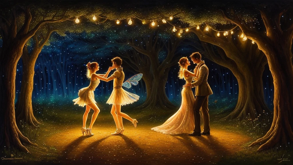 masterpiece, watercolor: Passionate dance between two elongated miniature tinkerbells (Similar to Elodie Guipaud and Serena Ralph) On the branches of oak trees, Dew Drops, Illuminated by a glowing firefly. Fairytale atmosphere. soft, bid. Bokeh. In the style of Josephine Wall and Takashi Murakami and Boris Vallejo.