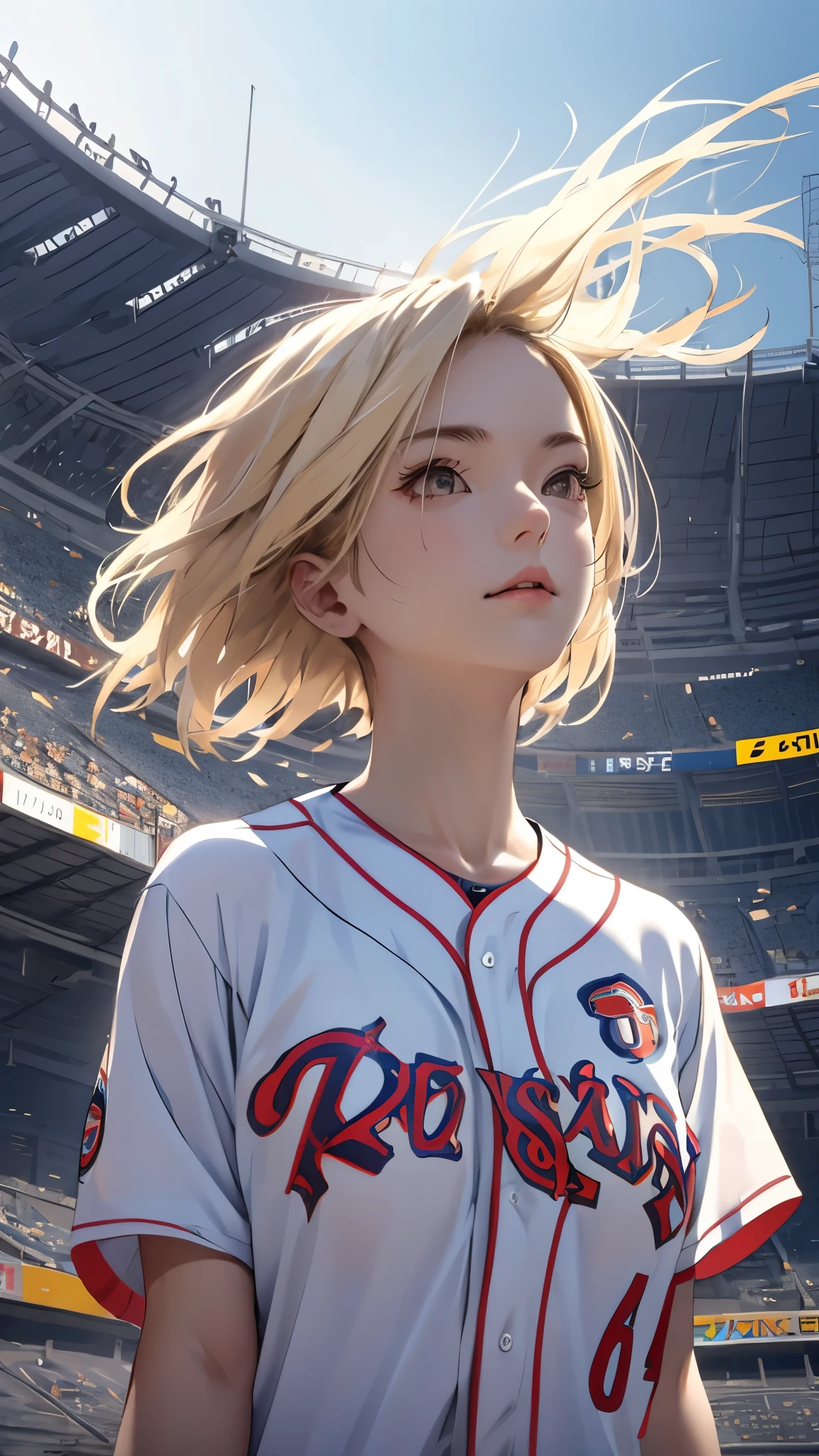 Stadium、20-year-old、Baseball uniforms、Blonde、short hair、Hair flowing in the wind、Upper Body、look up、Large Breasts