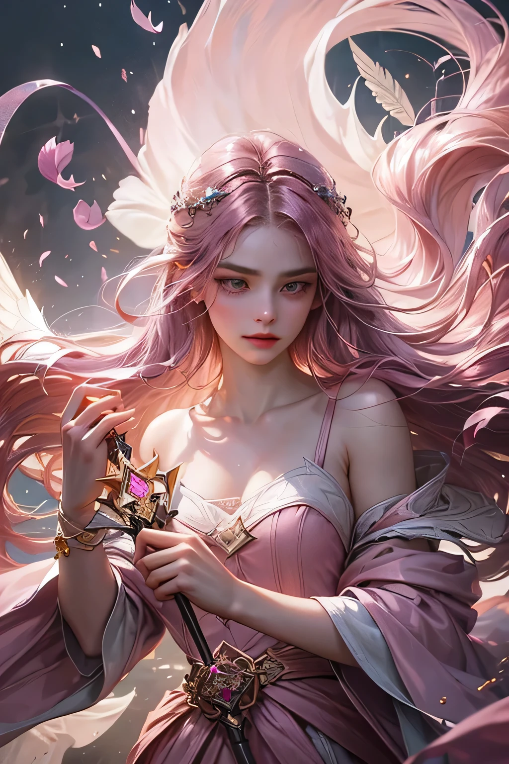"Create an ultra-realistic image of a stunning 18-year-old girl holding an air magical staff that exudes the energy of the wind and sky. She should be dressed in a sophisticated, ((((((dark pink)))))) shaded outfit that contrasts beautifully with her airy element. Depict her surrounded by elements of air, such as swirling breezes, floating feathers, and gentle currents, to highlight her command over this element. Include a distinct air symbol on her body, signifying her role as the keeper of air and illustrating the powerful, ethereal energy of air she holds within her."