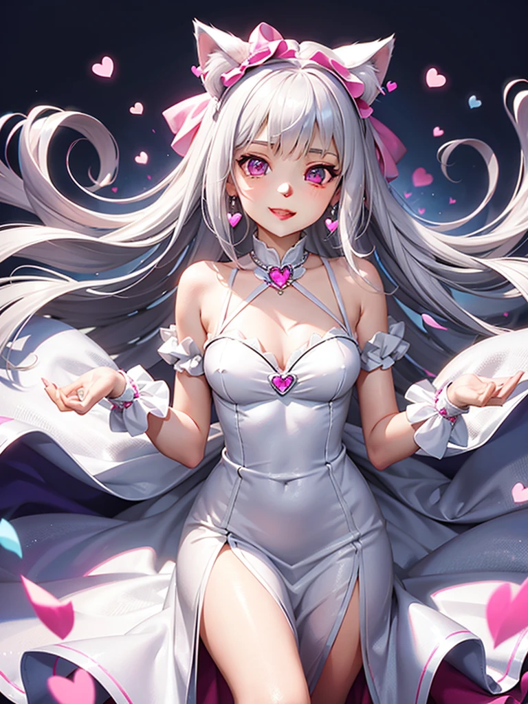 Silver hair, pink eyes, body, cat ears, girl, earrings, heart background fantasy, princess, godly, hair bows,  happy face, long dress, pink dress