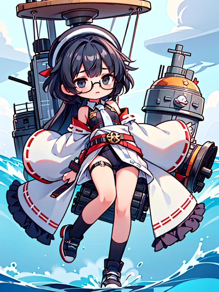 ((((Full body of a woman with perfect flat chest、solo、Short unkempt black hair、Tie your messy hair at the nape of your neck、white military jacket、Miko costume、tights、Black glasses、White military cap、Cloudy black eyes、Sleepy expression、Falcon Hair Accessories、Eagle hair accessory)))), (((masterpiece))), (((Shipgirl))), ((Floating on the morning sea with both feet)), (Spread your legs wide open), (Hold the turret with your right hand), (Mechanical arms extending from the waist are used to equip the ship with battleship equipment.), (Equipped with a turret on the back), (Holds the turret with his left arm), Shotgun shells are attached to the thigh with a belt, Spreading the Machine's Wings, Machine tail, shotgun,
