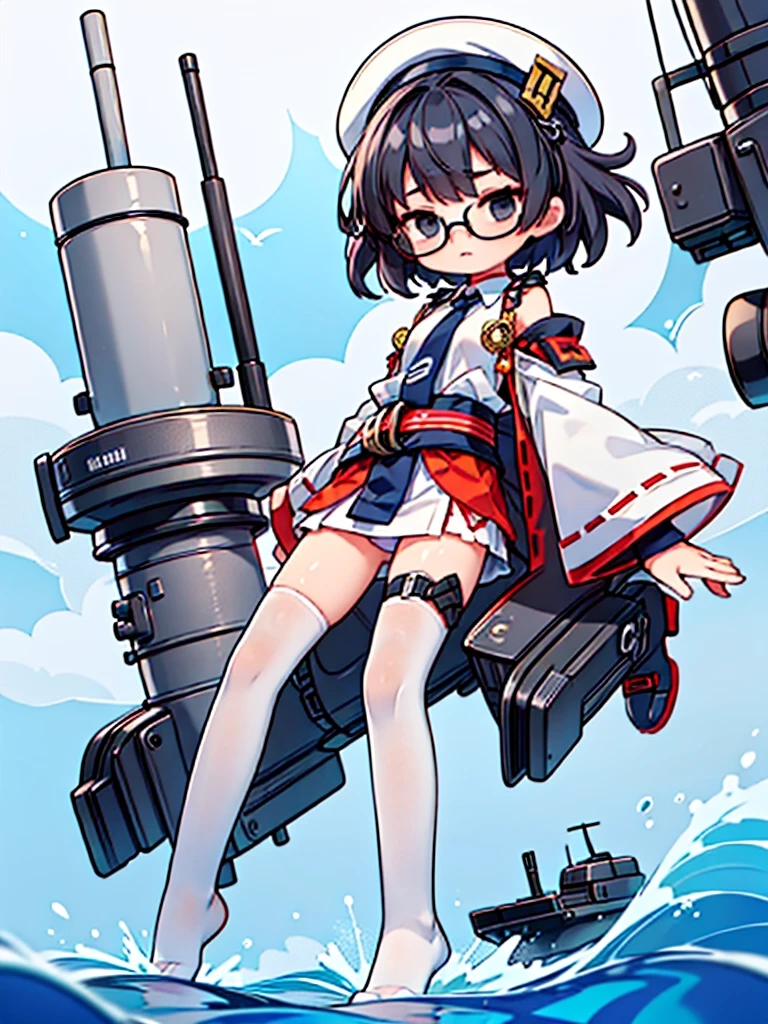 ((((Full body of a woman with perfect flat chest、solo、Short unkempt black hair、Tie your messy hair at the nape of your neck、white military jacket、Miko costume、tights、Black glasses、White military cap、Cloudy black eyes、Sleepy expression、Falcon Hair Accessories、Eagle hair accessory)))), (((masterpiece))), (((Shipgirl))), ((Floating on the morning sea with both feet)), (Spread your legs wide open), (Hold the turret with your right hand), (Mechanical arms extending from the waist are used to equip the ship with battleship equipment.), (Equipped with a turret on the back), (Holds the turret with his left arm), Shotgun shells are attached to the thigh with a belt, Spreading the Machine&#39;s Wings, Machine tail,  shotgun, 