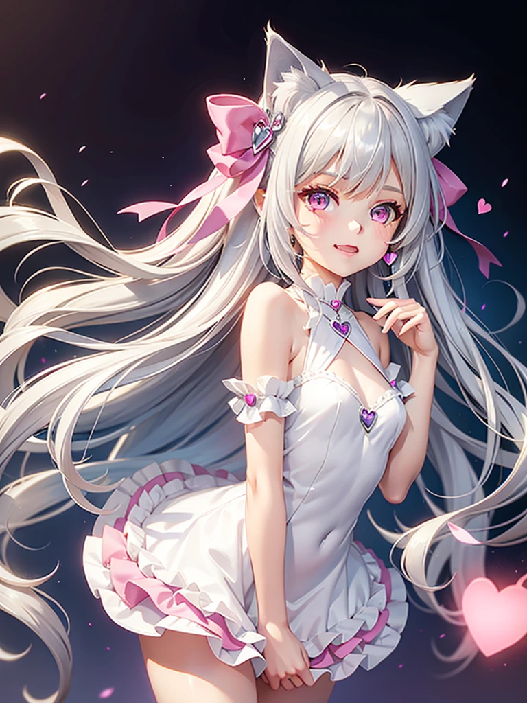 Silver hair, pink eyes, body, cat ears, girl, earrings, heart background fantasy, princess, godly, hair bows, happy face, long green dress