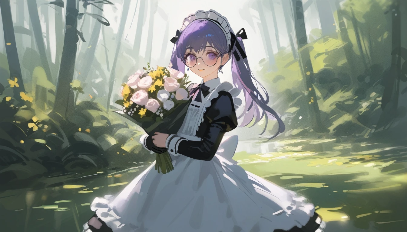 Ciloranko, wlop, 1girl, 独奏, flower, bouquet, purple eyes, maid headdress, looking at viewer, maid, apron, full body, long hair, twintails, holding, white background, long sleeves, holding bouquet, dress, bow, juliet sleeves, puffy sleeves, blush, Spring Flowering Forest, parted lips, frills, ribbon, two side up, hair bow, maid apron one girl, super high quality, Super Detail, Super Detailed image, long hair, looking at viewer, skirt, shirt, hair ornament, violet eyes,black gloves, round glasses, long sleeves,violet hair, round glasses, Flat Chest, smile