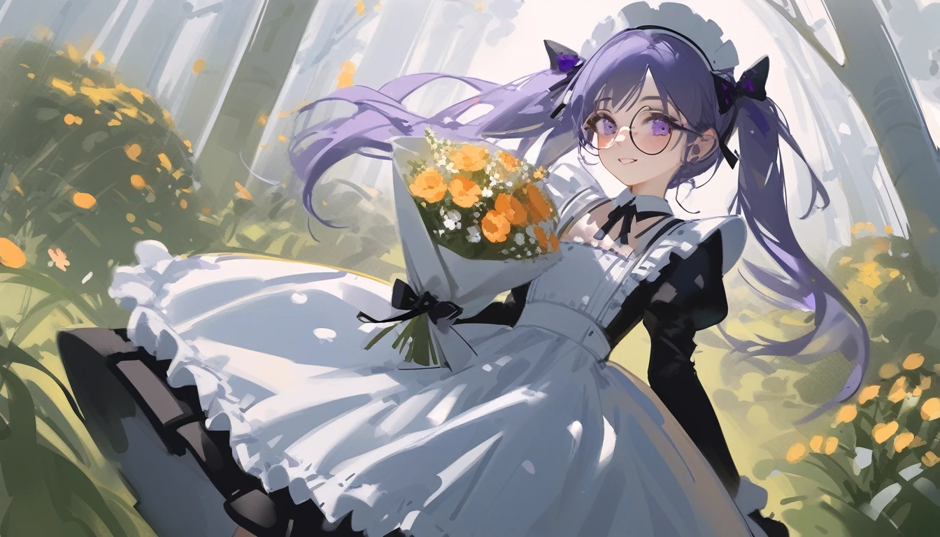 Ciloranko, wlop, 1girl, 独奏, flower, bouquet, purple eyes, maid headdress, looking at viewer, maid, apron, full body, long hair, twintails, holding, white background, long sleeves, holding bouquet, dress, bow, juliet sleeves, puffy sleeves, blush, Spring Flowering Forest, parted lips, frills, ribbon, two side up, hair bow, maid apron one girl, super high quality, Super Detail, Super Detailed image, long hair, looking at viewer, skirt, shirt, hair ornament, violet eyes,black gloves, round glasses, long sleeves,violet hair, round glasses, Flat Chest, smile