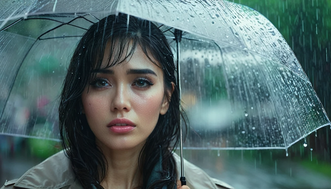 A person holding a transparent umbrella, sad face, upper body visible, portrait, crying, ((raining)), beautiful detailed eyes, beautiful detailed lips, extremely detailed face and eyes, long eyelashes, photorealistic, cinematic lighting, dramatic lighting, moody atmosphere, melancholic, dramatic, emotional, muted colors, overcast, rainy day, raindrop texture, depth of field, soft focus, masterpiece