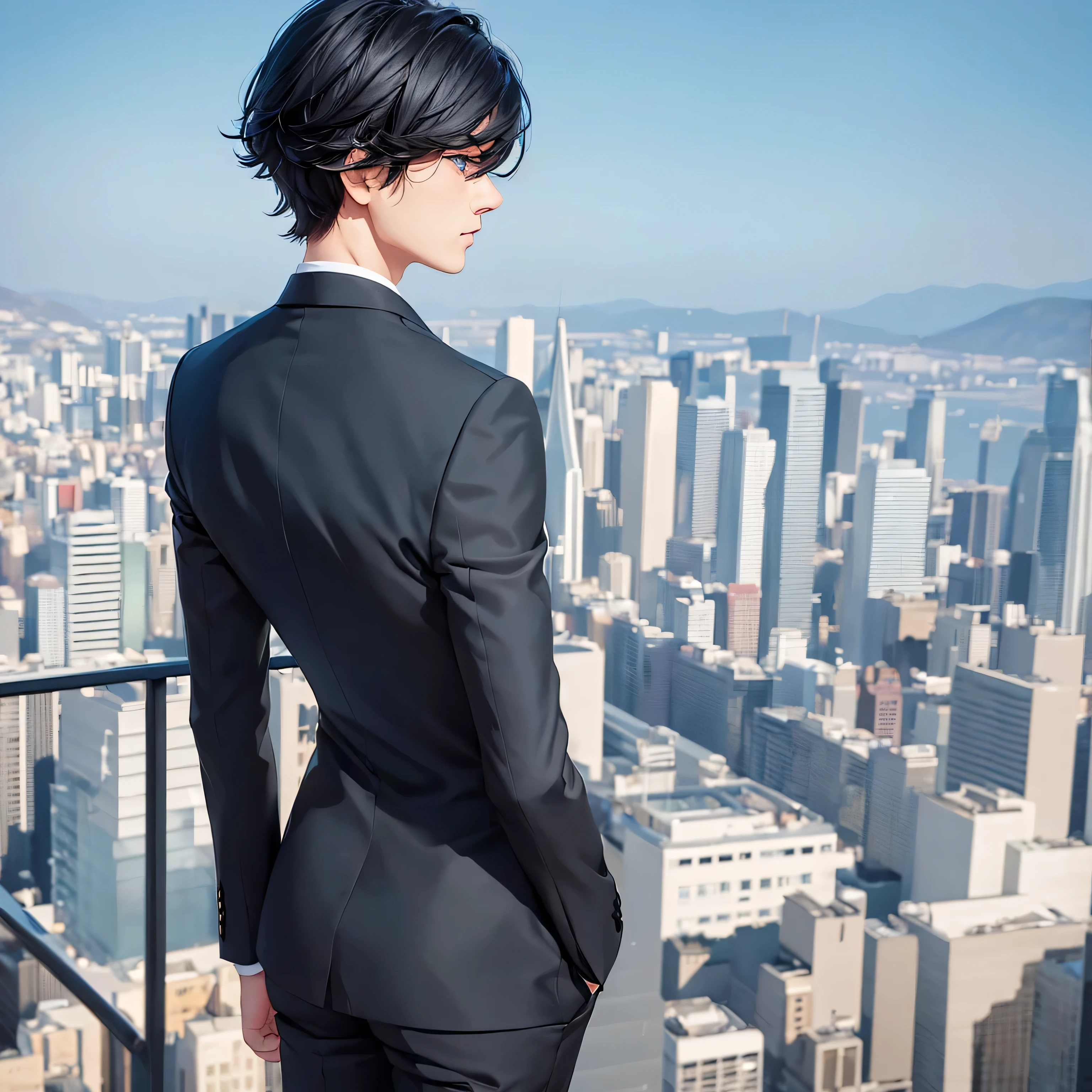 1boy, short black hair, light blue eyes, wearing all black suits, on top of a building, high res, ultrasharp, 8k, masterpiece, looking at viewer from behind
