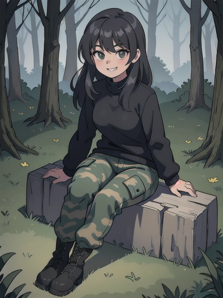  Girl wearing black sweaters, gray camouflage pants, army boots, sitting smiling putting on his shoes in the forest at night, 
