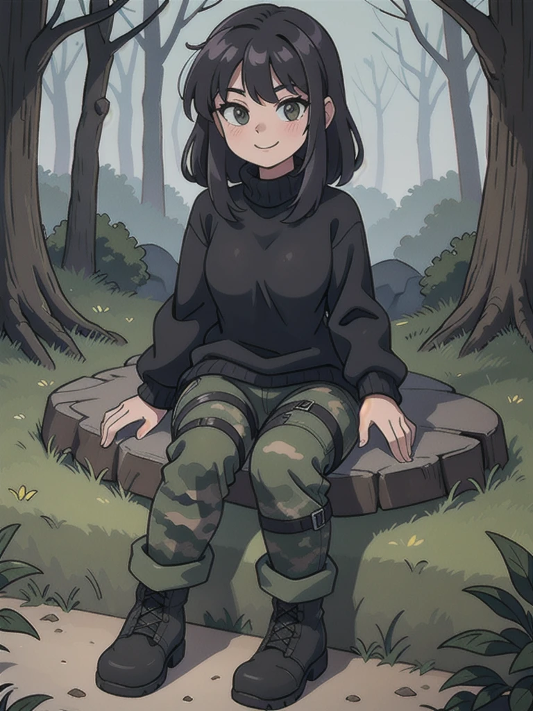 Girl wearing black sweaters, gray camouflage pants, army boots, sitting smiling putting on his shoes in the forest at night,