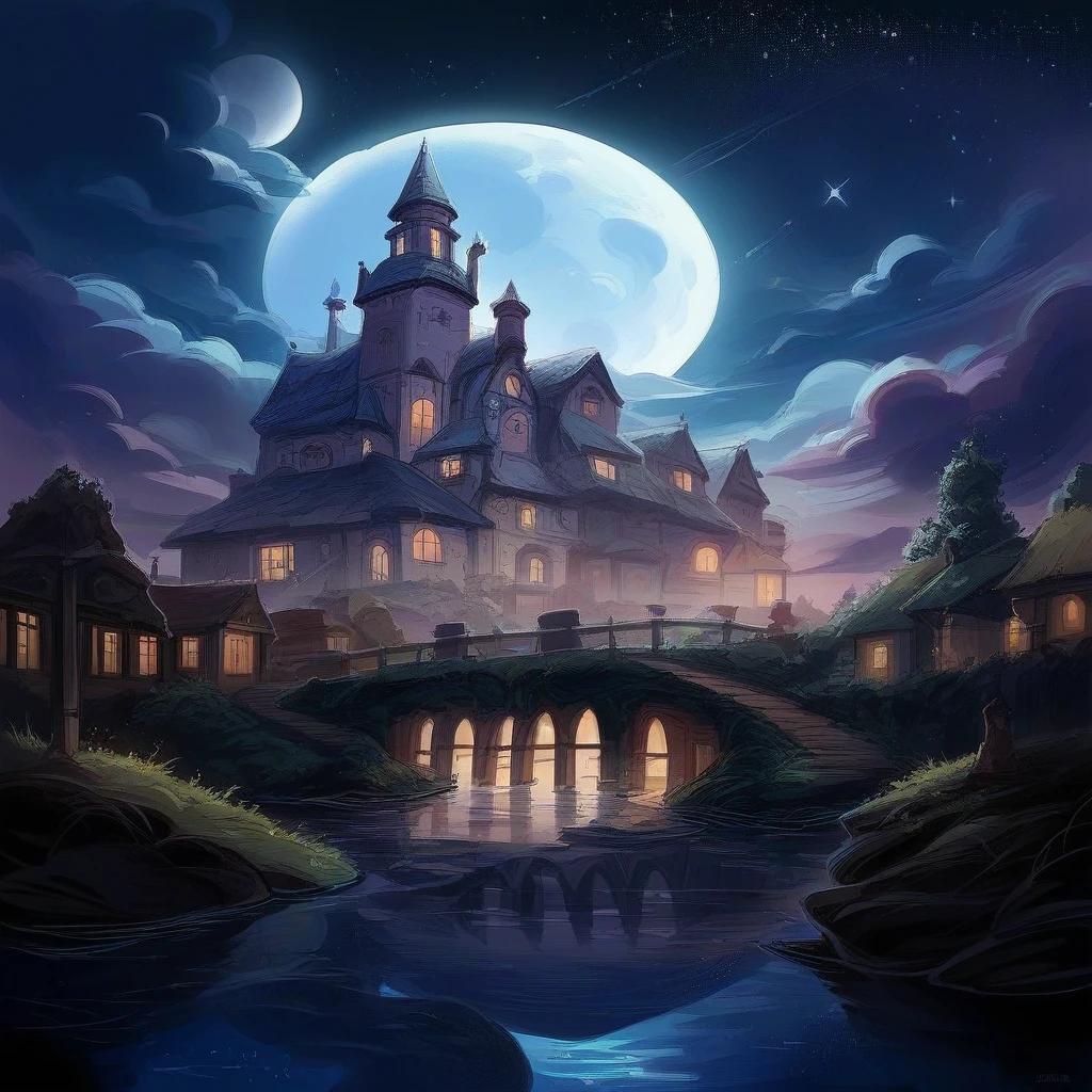 a town along the coast, its cobbled lanes winding up to a grand manor house that stands majestically facing the sea. The starry night envelops the scene in a magical, ethereal atmosphere. The ocean sparkles under the moon's rays, and the countless stars seem almost palpable in this enchanting atmosphere.