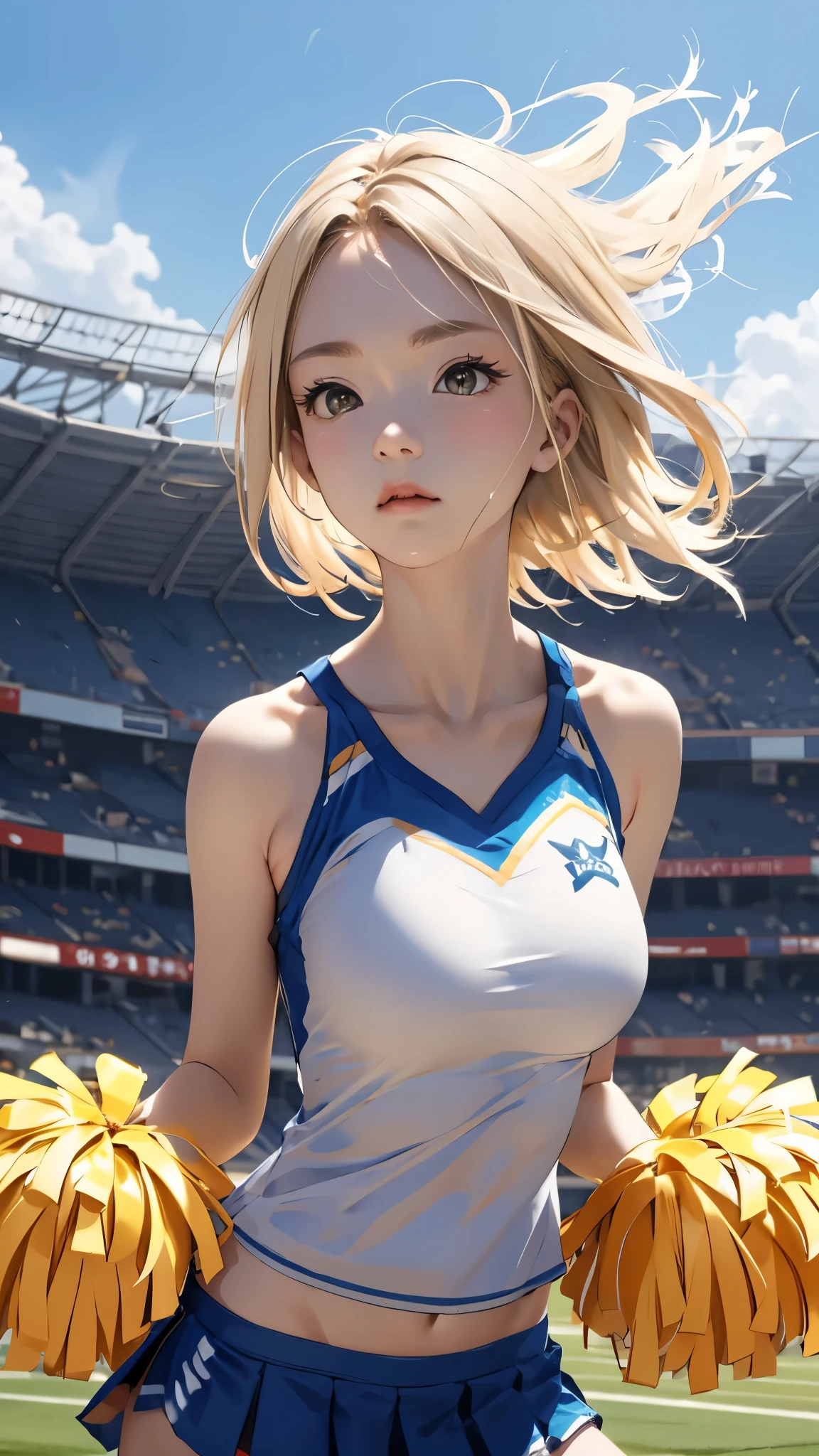 Stadium、20-year-old、Cheerleader、Blonde、short hair、Hair flowing in the wind、Upper Body、look up、Large Breasts
