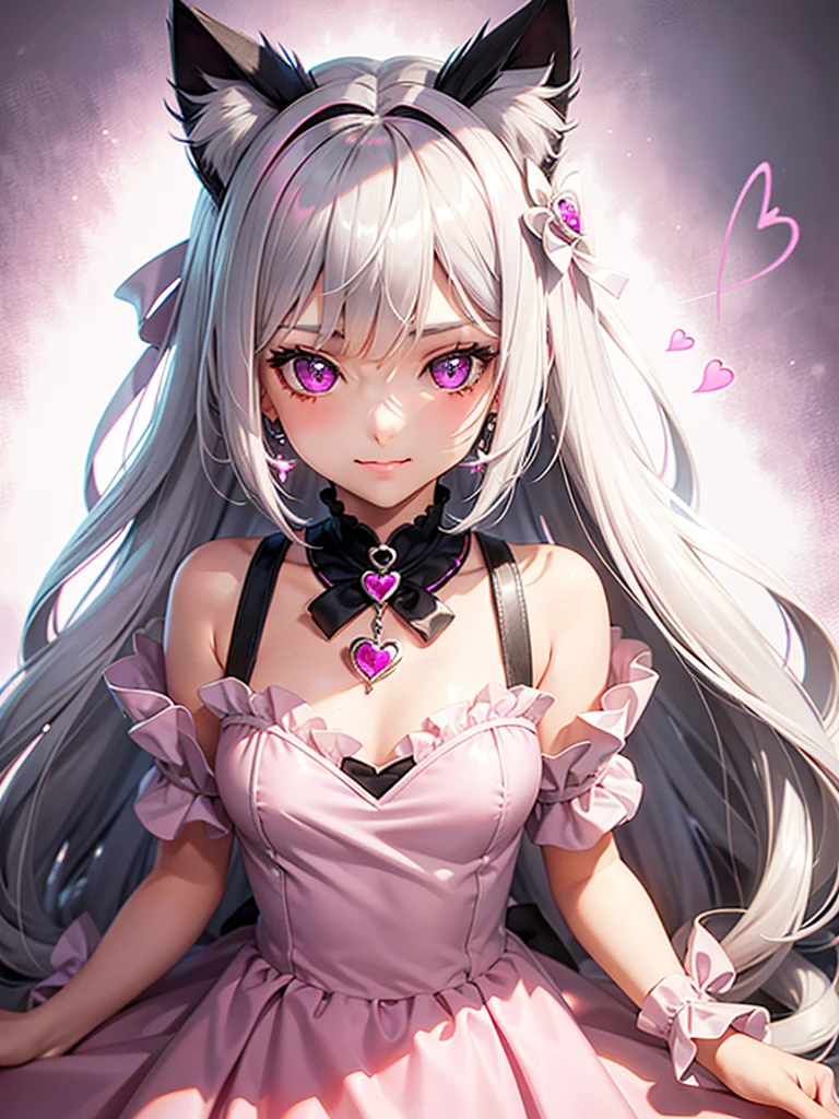 Silver hair, pink eyes, body, cat ears, girl, earrings, heart background fantasy, princess, godly, hair bows, happy face, pink dress, pet cat