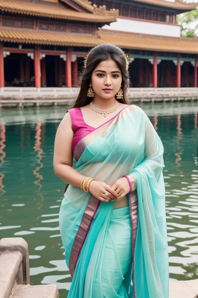 1 Heavenly beautiful and goddess beauty cute and sweet looking face Indian female in front of Tongli Water Town, China, Heavenly beautiful Overweight, Heavenly beautiful Extremely fat, Heavenly beautiful and attractive Chubby figure , Heavenly beautiful looking and eye catching luxury style tight fitting Bomkai silk sarees , reaching out, Heavenly beautiful Arabian woman, 16k, High resolution, masterpiece, highest quality, fine skin, outside view, Realistic Photograph, size 45 and waist size 32, close up face view