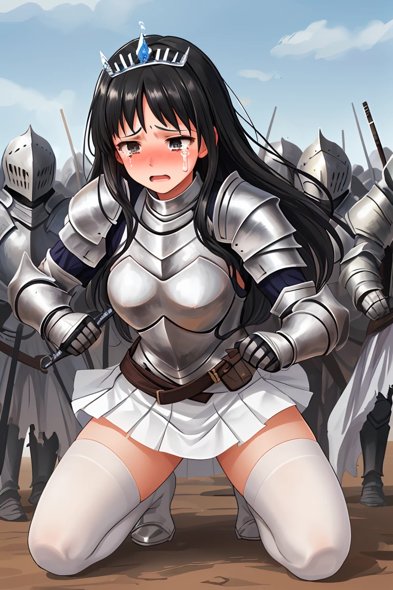female knight armor tiara Black Hair Shortcuts Torn white miniskirt Torn white tights battlefield In combat Holding back tears White panties Sisters Kneel