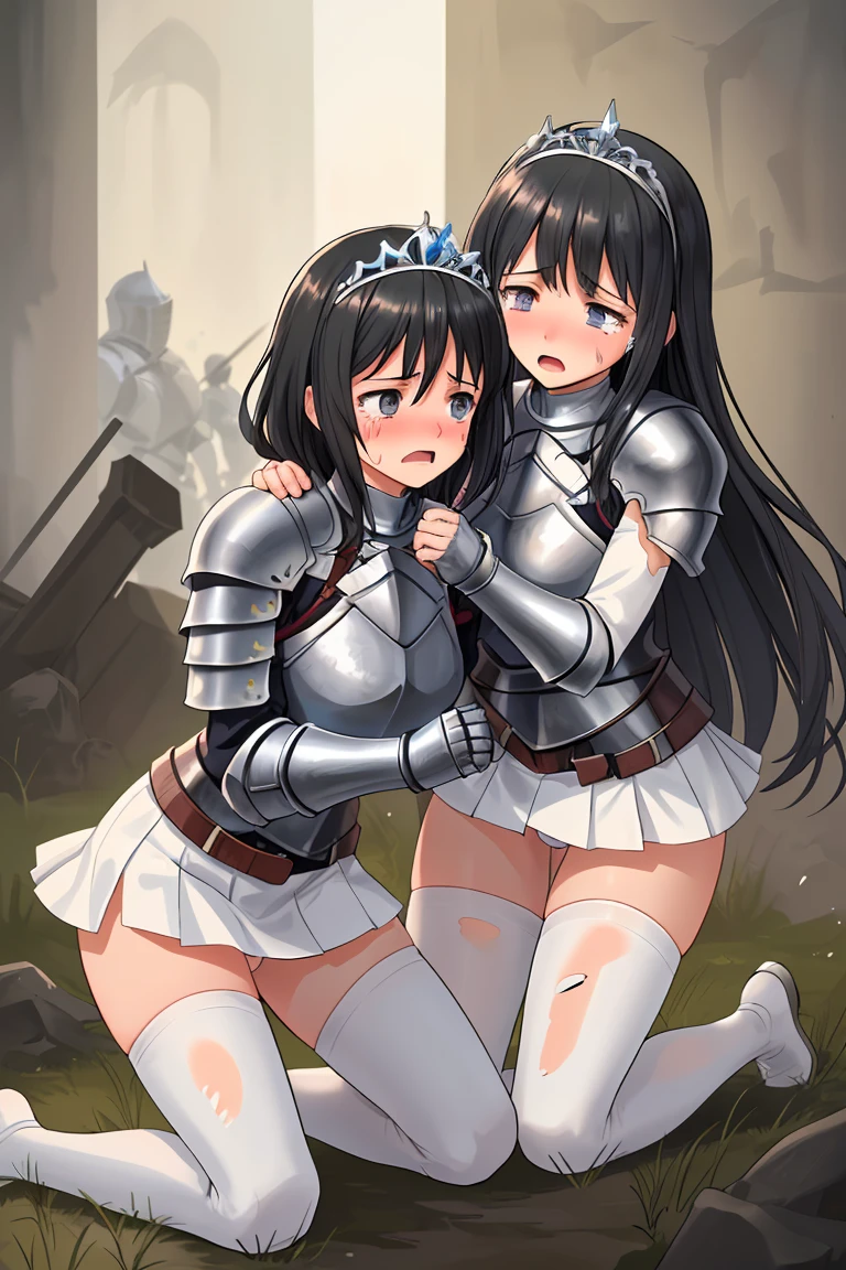 female knight armor tiara Black Hair Shortcuts Torn white miniskirt Torn white tights battlefield In combat Holding back tears White panties Sisters Kneel
