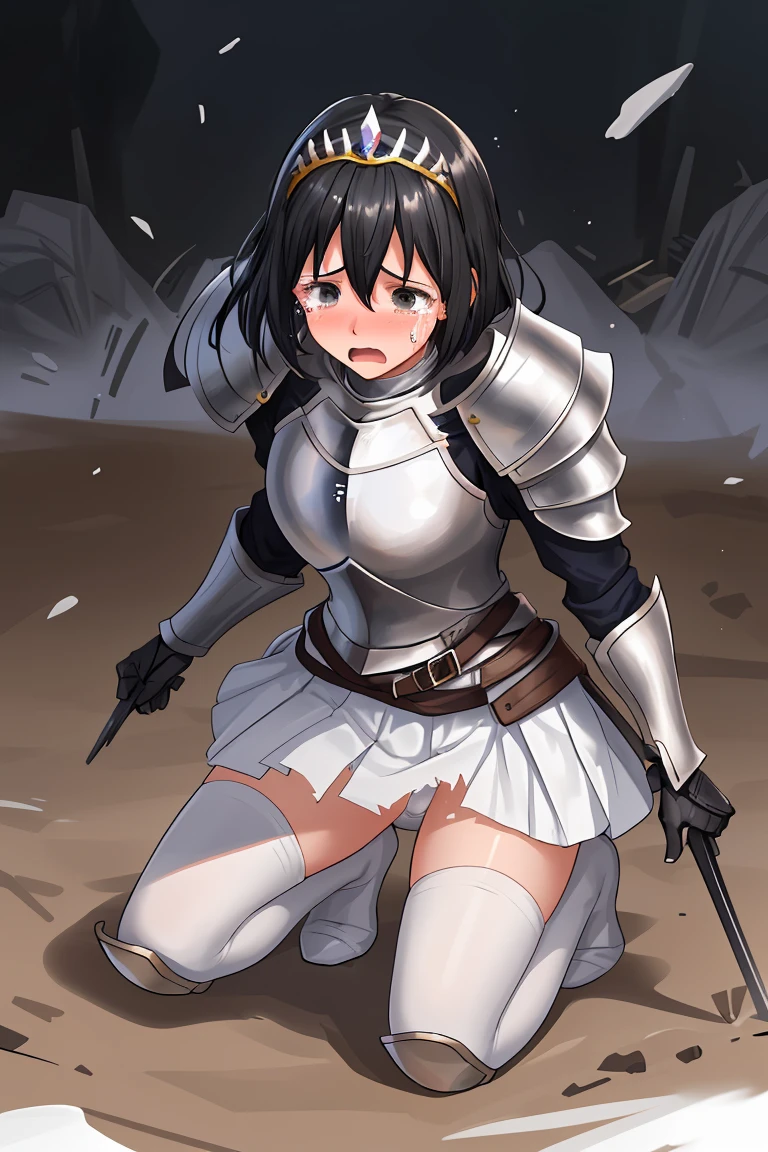 female knight armor tiara Black Hair Shortcuts Torn white miniskirt Torn white tights battlefield In combat Holding back tears White panties Sisters Kneel