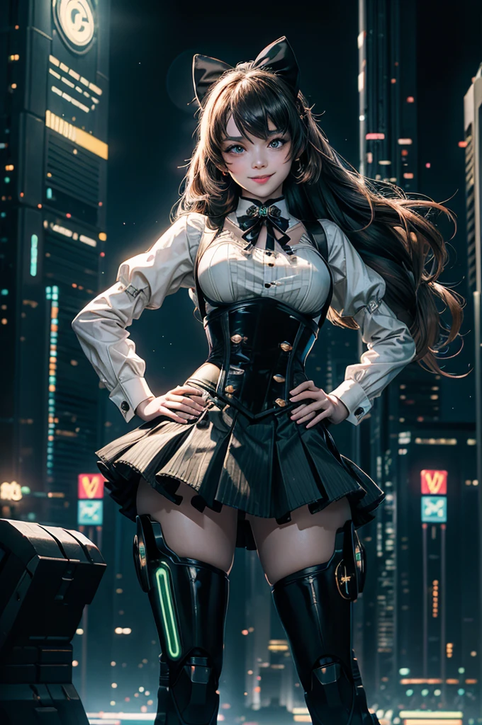 1girl, solo, smile, hand on hip, underbust, Penny Polendina, long hair, neck ribbon, suspender skirt, corset, black bow, white blouse, mechanical legs, neon trim, standing in cyberpunk city, night, stars moon, mega skyscrapers, futuristic floating vehicles, neon signs, crowd wearing cyberpunk fashion