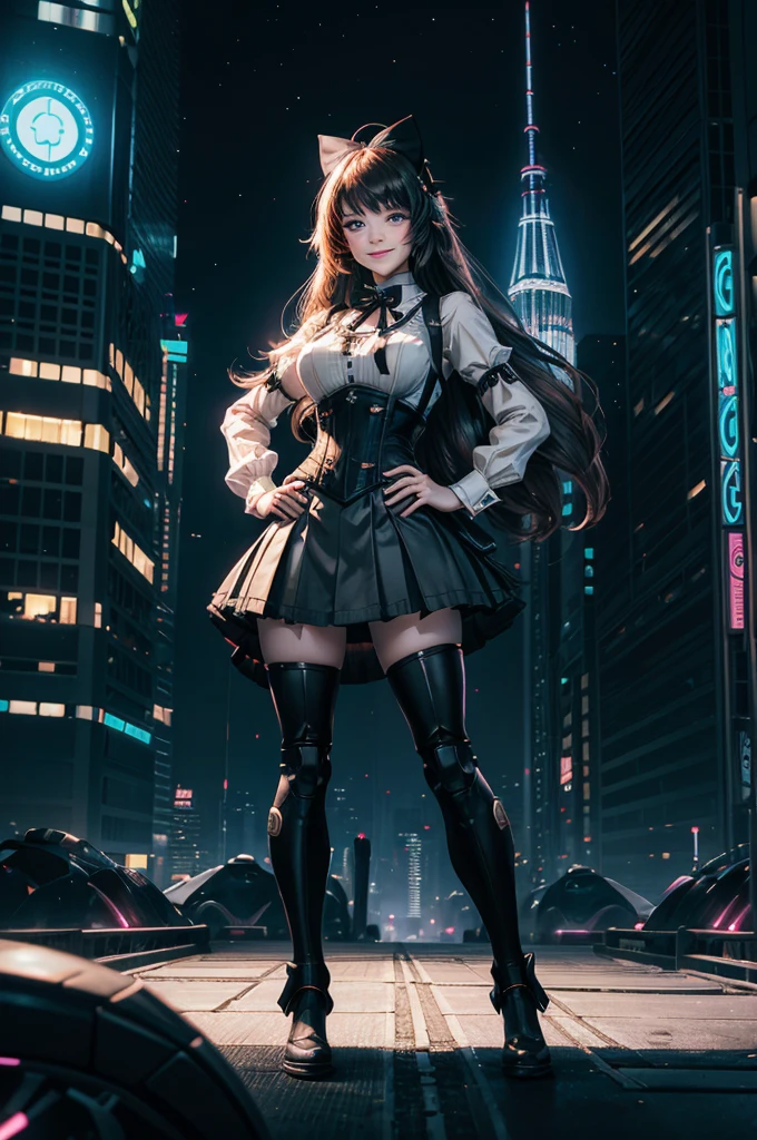 1girl, solo, smile, hand on hip, underbust, Penny Polendina, long hair, neck ribbon, suspender skirt, corset, black bow, white blouse, mechanical legs, neon trim, standing in cyberpunk city, night, stars moon, mega skyscrapers, futuristic floating vehicles, neon signs, crowd wearing cyberpunk fashion