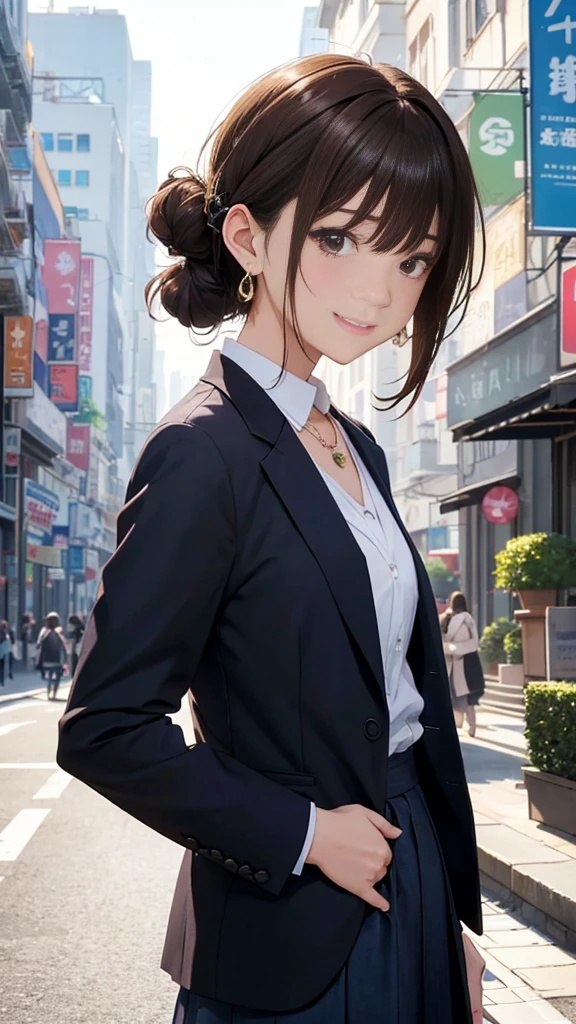 1 female、The background is a skyscraper、A busy shopping street under the railway tracks with a lot of people(Highest quality:1.2),Highest quality、masterpiece、High resolution)、、((Right beside、Woman profile、))、(Detailed depiction of a beautiful face)、Suit jacket、A kind smile、Medium Short Hair、Brown Hair、(Highest quality:1.2)、Very detailed、High resolution、masterpiece:1,2、Bright colors、Bokeh、Professional Lighting、Physically Based Rendering、Flat Color:0.8、Fine Illustration、Realistic:1.37、Makoto Shinkai style、Name Style、Light Brown Hair、Elegant update、Short Bob、Young woman、Laugh together、Dynamic poselip、cheek(Dark Brown Hair/)bangs、cheek(direction)、(最高masterpiece1.2)繊細なイラストVery detailed、Break Blue Sky、Detailed Background、、、A shy smile、Through clenched teeth、Clench your teeth、lip、cheek(Flat Color: 0.8)、(masterpiece: 1,2)、(masterpiece: 1,2)、High resolution、超High resolution、Highest quality、High resolution、Ultra-thin illustration、Makoto Shinkai style、Your Name is Style、long hair、Short Bob、necklace、Earrings、Dynamic pose、Selfie、whole body、Brown Hair、Braiding、Hair Bun、ponytail・Hair Bunスタイル、necklace、Valletta、ribbon、Earrings・アニキュア,