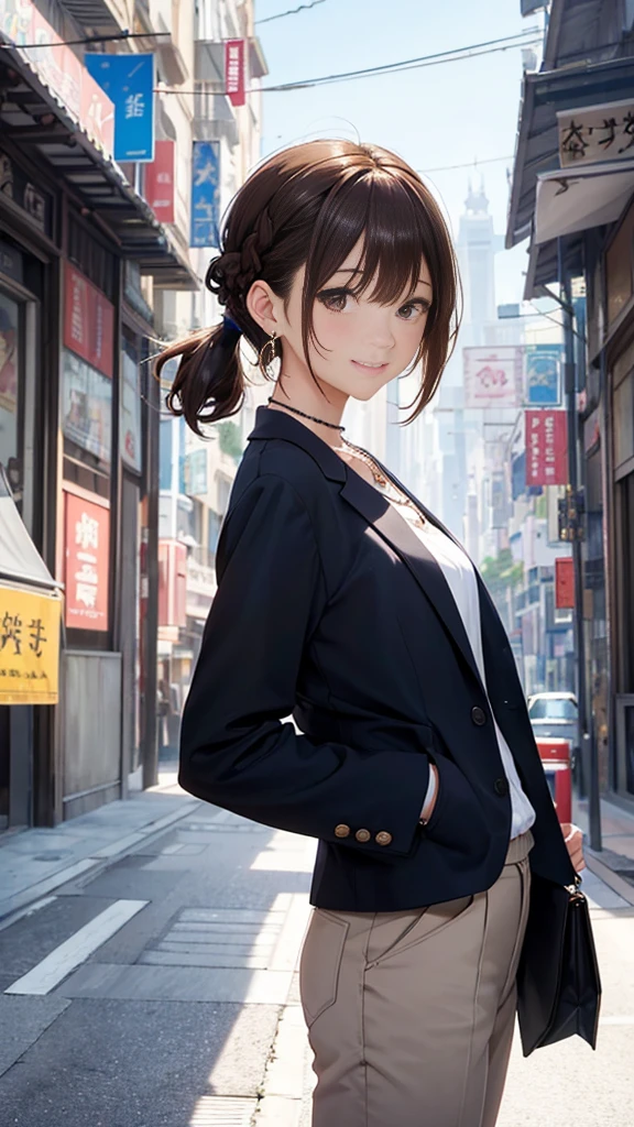 1 female、The background is a skyscraper、A busy shopping street under the railway tracks with a lot of people(Highest quality:1.2),Highest quality、masterpiece、High resolution)、、((Right beside、Woman profile、))、(Detailed depiction of a beautiful face)、Suit jacket、A kind smile、Medium Short Hair、Brown Hair、(Highest quality:1.2)、Very detailed、High resolution、masterpiece:1,2、Bright colors、Bokeh、Professional Lighting、Physically Based Rendering、Flat Color:0.8、Fine Illustration、Realistic:1.37、Makoto Shinkai style、Name Style、Light Brown Hair、Elegant update、Short Bob、Young woman、Laugh together、Dynamic poselip、cheek(Dark Brown Hair/)bangs、cheek(direction)、(最高masterpiece1.2)繊細なイラストVery detailed、Break Blue Sky、Detailed Background、、、A shy smile、Through clenched teeth、Clench your teeth、lip、cheek(Flat Color: 0.8)、(masterpiece: 1,2)、(masterpiece: 1,2)、High resolution、超High resolution、Highest quality、High resolution、Ultra-thin illustration、Makoto Shinkai style、Your Name is Style、long hair、Short Bob、necklace、Earrings、Dynamic pose、Selfie、whole body、Brown Hair、Braiding、Hair Bun、ponytail・Hair Bunスタイル、necklace、Valletta、ribbon、Earrings・アニキュア,