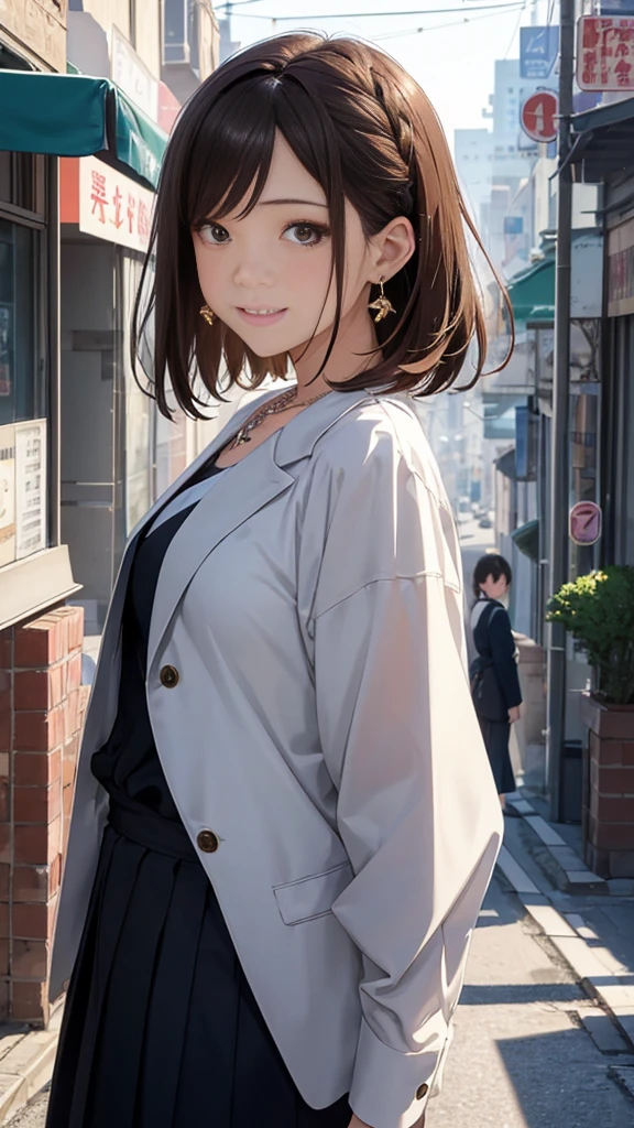1 female、The background is a skyscraper、A busy shopping street under the railway tracks with a lot of people(Highest quality:1.2),Highest quality、masterpiece、High resolution)、、((Right beside、Woman profile、))、(Detailed depiction of a beautiful face)、Suit jacket、A kind smile、Medium Short Hair、Brown Hair、(Highest quality:1.2)、Very detailed、High resolution、masterpiece:1,2、Bright colors、Bokeh、Professional Lighting、Physically Based Rendering、Flat Color:0.8、Fine Illustration、Realistic:1.37、Makoto Shinkai style、Name Style、Light Brown Hair、Elegant update、Short Bob、Young woman、Laugh together、Dynamic poselip、cheek(Dark Brown Hair/)bangs、cheek(direction)、(最高masterpiece1.2)繊細なイラストVery detailed、Break Blue Sky、Detailed Background、、、A shy smile、Through clenched teeth、Clench your teeth、lip、cheek(Flat Color: 0.8)、(masterpiece: 1,2)、(masterpiece: 1,2)、High resolution、超High resolution、Highest quality、High resolution、Ultra-thin illustration、Makoto Shinkai style、Your Name is Style、long hair、Short Bob、necklace、Earrings、Dynamic pose、Selfie、whole body、Brown Hair、Braiding、Hair Bun、ponytail・Hair Bunスタイル、necklace、Valletta、ribbon、Earrings・アニキュア,