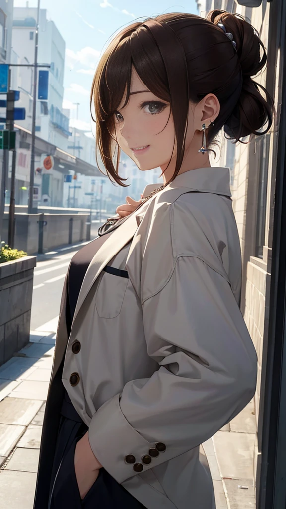 1 female、The background is a skyscraper、A busy shopping street under the railway tracks with a lot of people(Highest quality:1.2),Highest quality、masterpiece、High resolution)、、((Right beside、Woman profile、))、(Detailed depiction of a beautiful face）、Suit jacket、A kind smile、Medium Short Hair、Brown Hair、（Highest quality:1.2)、Very detailed、High resolution、masterpiece:1,2、Bright colors、Bokeh、Professional Lighting、Physically Based Rendering、Flat Color:0.8、Fine Illustration、Realistic:1.37、Makoto Shinkai style、Name Style、Light Brown Hair、Elegant update、Short Bob、Young woman、Laugh together、Dynamic poselip、cheek(Dark Brown Hair/)bangs、cheek(direction)、(最高masterpiece1.2)繊細なイラストVery detailed、Break Blue Sky、Detailed Background、、、A shy smile、Through clenched teeth、Clench your teeth、lip、cheek(Flat Color: 0.8)、(masterpiece: 1,2)、(masterpiece: 1,2)、High resolution、超High resolution、Highest quality、High resolution、Ultra-thin illustration、Makoto Shinkai style、Your Name is Style、long hair、Short Bob、necklace、Earrings、Dynamic pose、Selfie、whole body、Brown Hair、Braiding、Hair Bun、ponytail･Hair Bunスタイル、necklace、Valletta、ribbon、Earrings・アニキュア,