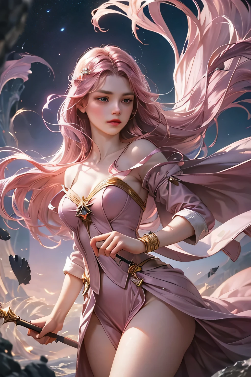 "Create an ultra-realistic image of a stunning 18-year-old girl holding an air magical staff that exudes the energy of the wind and sky. She should be dressed in a sophisticated, ((((((dark pink)))))) shaded outfit that contrasts beautifully with her airy element. Depict her surrounded by elements of air, such as swirling breezes, floating feathers, and gentle currents, to highlight her command over this element. Include a distinct air symbol on her body, signifying her role as the keeper of air and illustrating the powerful, ethereal energy of air she holds within her."
