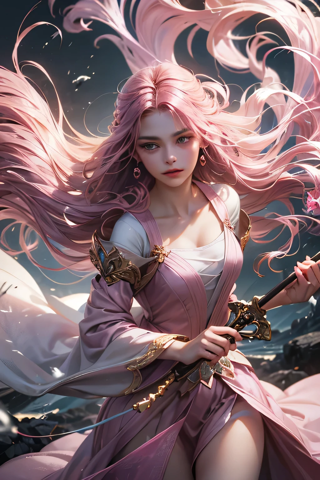 "Create an ultra-realistic image of a stunning 18-year-old girl holding an air magical staff that exudes the energy of the wind and sky. She should be dressed in a sophisticated, ((((((dark pink)))))) shaded outfit that contrasts beautifully with her airy element. Depict her surrounded by elements of air, such as swirling breezes, floating feathers, and gentle currents, to highlight her command over this element. Include a distinct air symbol on her body, signifying her role as the keeper of air and illustrating the powerful, ethereal energy of air she holds within her."