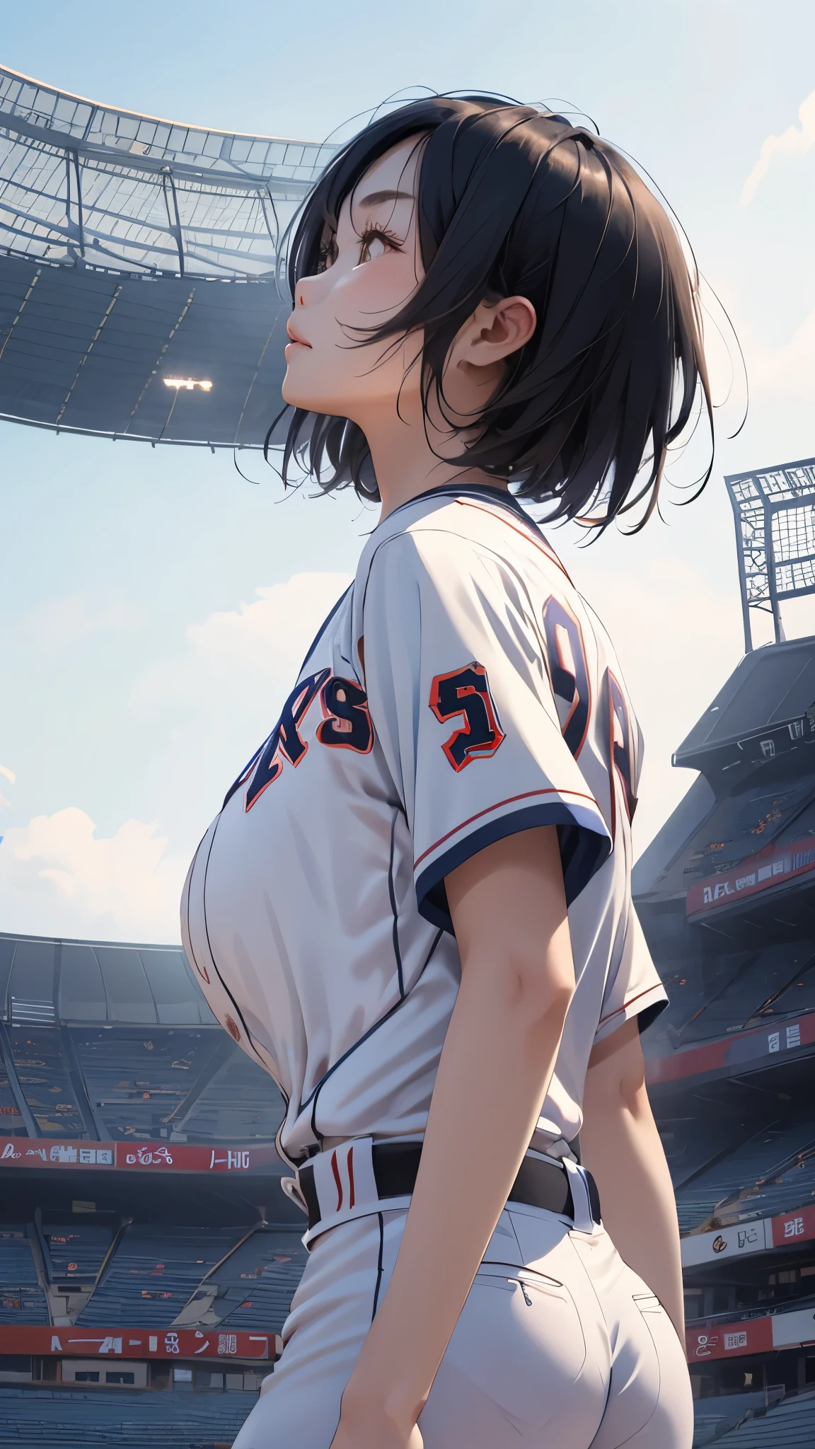 Stadium、20-year-old、Baseball uniforms、Black Hair、short hair、Hair flowing in the wind、Upper Body、look up、Large Breasts、Asian