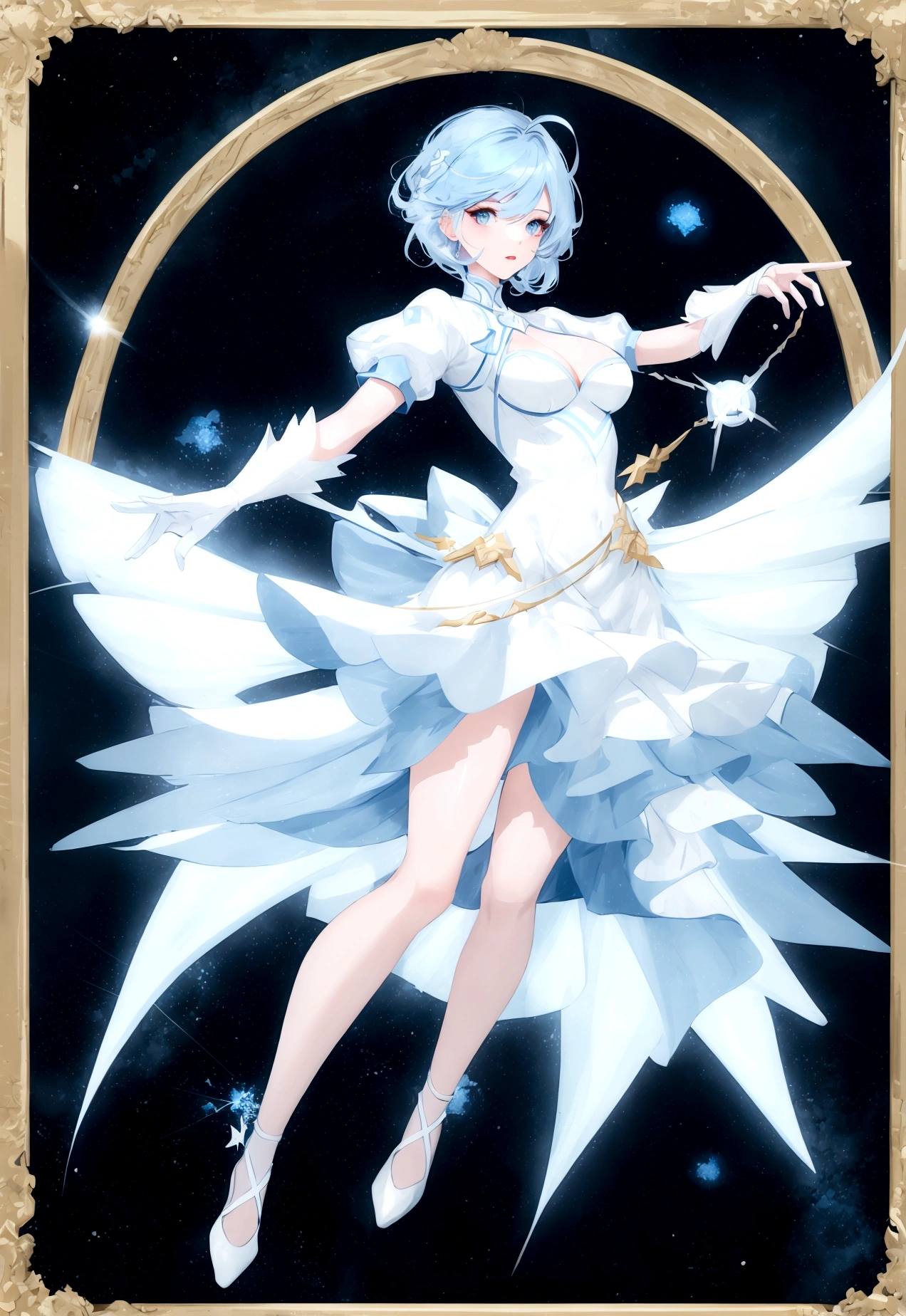 Character (adult woman) (light blue hair) (white elegant mini dress-style clothing) (character in dynamic pose) (full body in frame) (starry night)