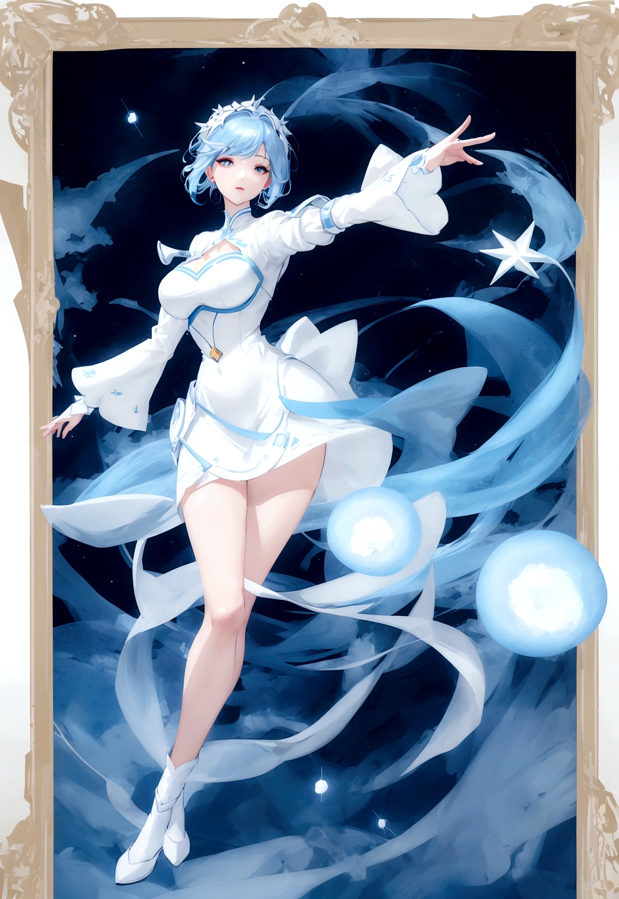 Character (adult woman) (light blue hair) (white elegant mini dress-style clothing) (character in dynamic pose) (full body in frame) (starry night)