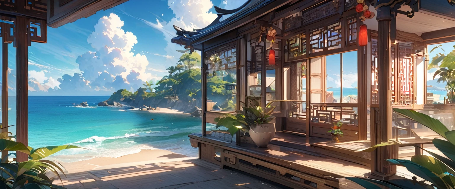 Best quality,4k,masterpiece,Beautiful blue coast landscape,Traditional Chinese wooden buildings near the beach,ornate carvings,Exquisite lattice windows,Peaceful atmosphere,Tranquil sea breeze,Sunlight,plant,Vibrant colors,Natural and architectural,A fusion of traditional and modern elements,Golden sand,Peaceful beach,natural beauty,Timeless elegance,Unique charm