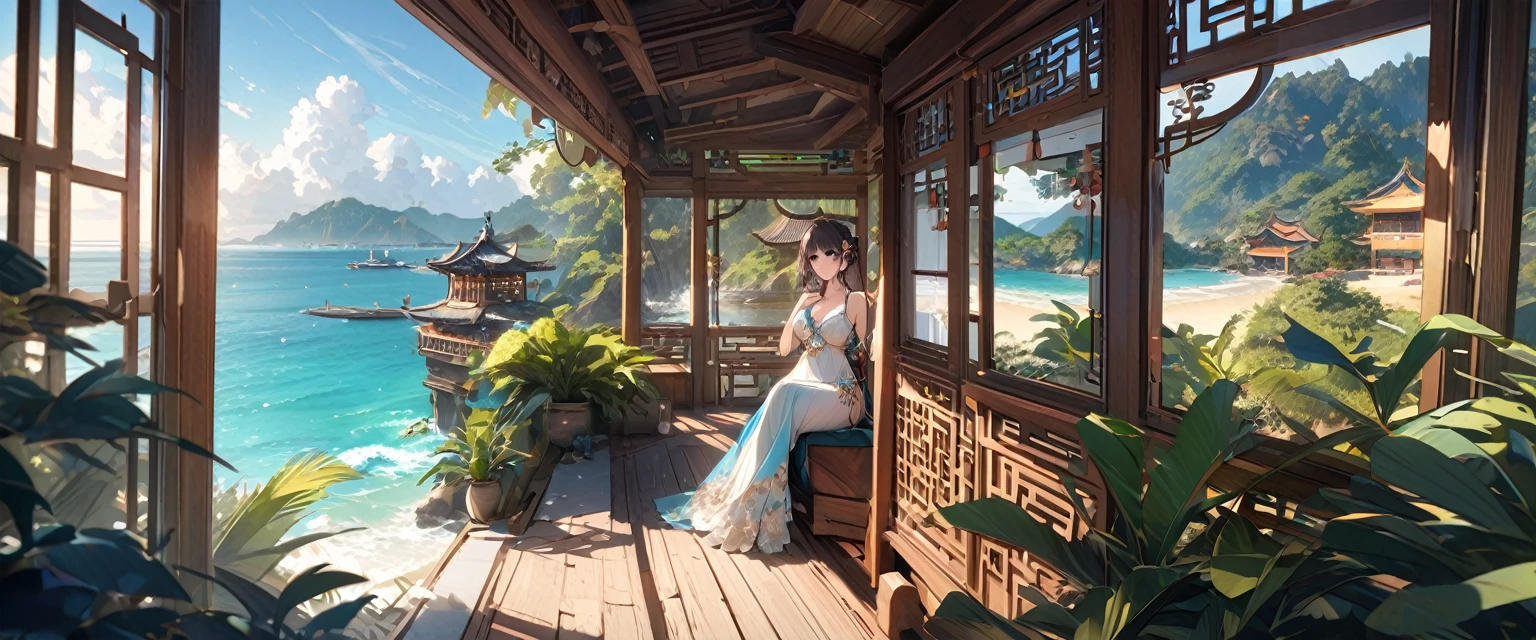 Best quality,4k,masterpiece,Beautiful blue coast landscape,Traditional Chinese wooden buildings near the beach,ornate carvings,Exquisite lattice windows,Peaceful atmosphere,Tranquil sea breeze,Sunlight,plant,Vibrant colors,Natural and architectural,A fusion of traditional and modern elements,Golden sand,Peaceful beach,natural beauty,Timeless elegance,Unique charm