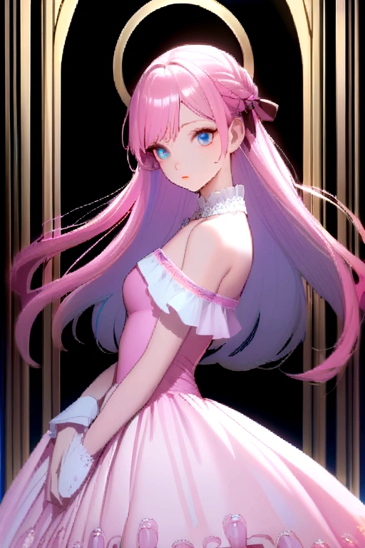 Anime girl with pink long hair with green highlights and blue eyes and wearing pink Lolita dress