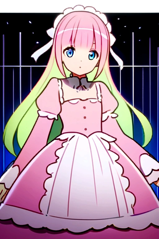 Anime girl with pink long hair with green highlights and blue eyes and wearing pink Lolita dress