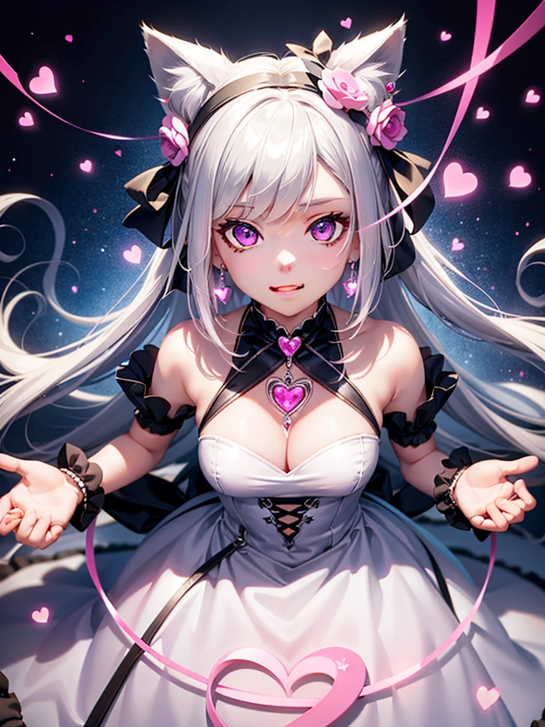 Silver hair, pink eyes, body, cat ears, girl, earrings, heart background fantasy, princess, godly, hair bows,  happy face, long dress, blue