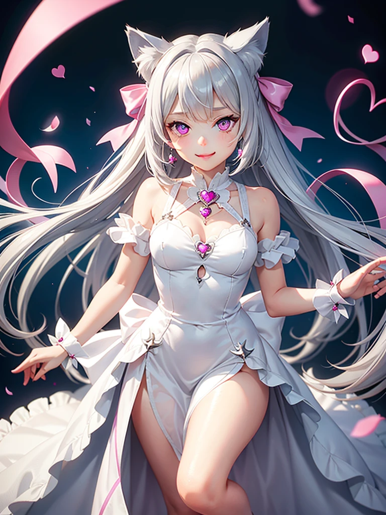 Silver hair, pink eyes, body, cat ears, girl, earrings, heart background fantasy, princess, godly, hair bows, happy face, long dress, blue
