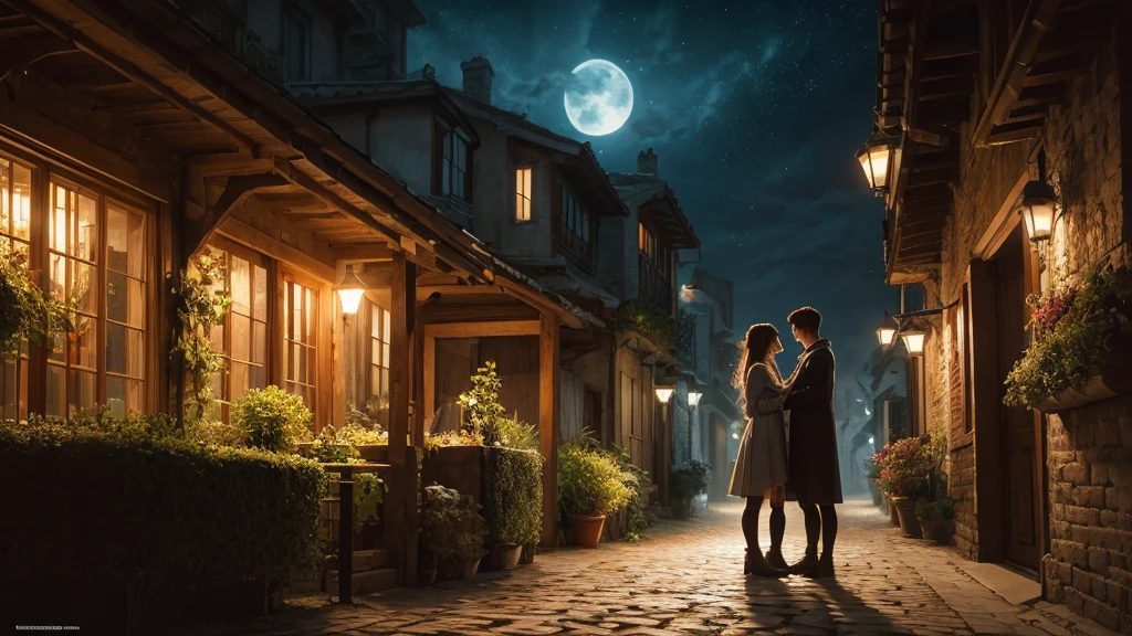 "Under the moonlight,Young couple hugging tightly in the garden,The streets are full of quiet and romantic atmosphere。warm color,Highest quality,Ultra-detailed illustrations,8K resolution concept art wallpaper,Epic fantasy art,Natural light on dark background。"