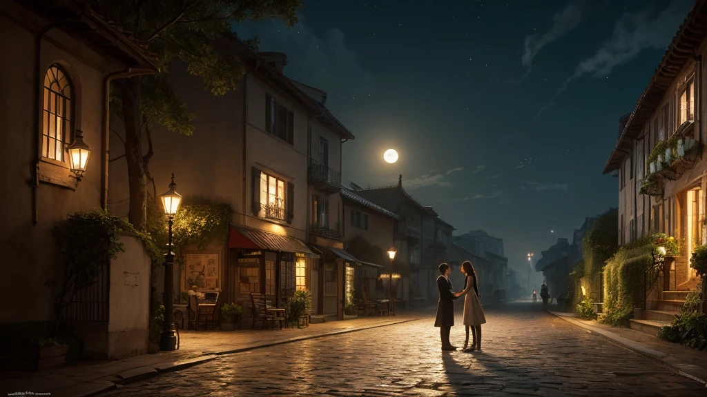 "Under the moonlight,Young couple hugging tightly in the garden,The streets are full of quiet and romantic atmosphere。warm color,Highest quality,Ultra-detailed illustrations,8K resolution concept art wallpaper,Epic fantasy art,Natural light on dark background。"