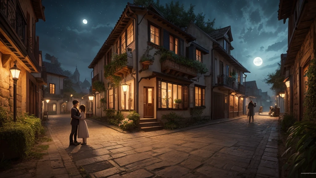 "Under the moonlight,Young couple hugging tightly in the garden,The streets are full of quiet and romantic atmosphere。warm color,Highest quality,Ultra-detailed illustrations,8K resolution concept art wallpaper,Epic fantasy art,Natural light on dark background。"