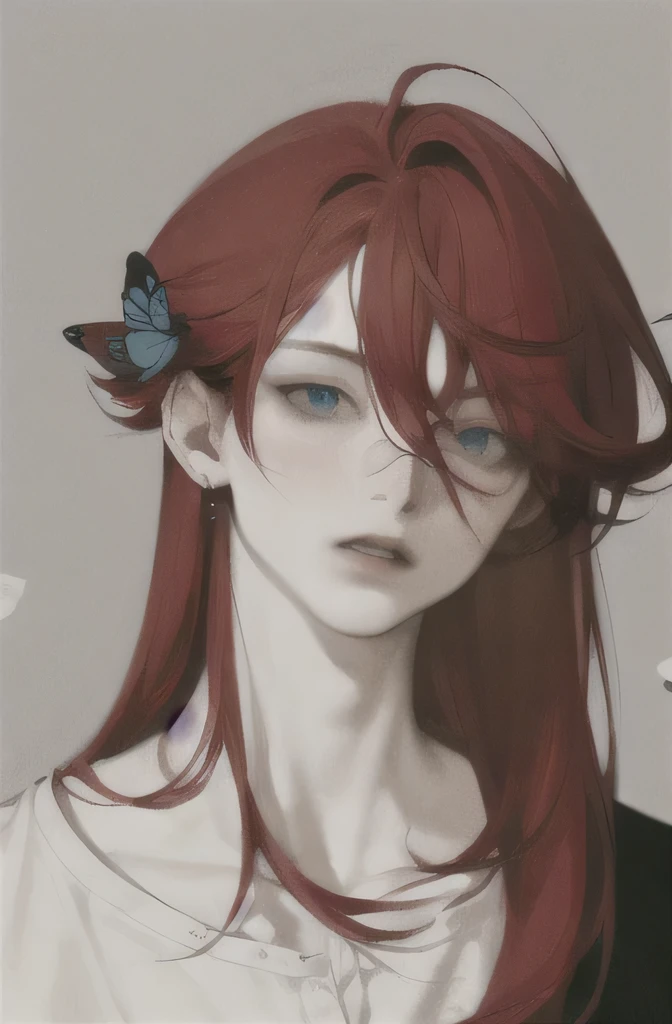 Masterpiece, focus man, 1 boy, alone, red hair, earring,  decorations, earring, Chapped lips, black background, blue eyes, long hair, bug, butterfly, upper body, hair between the eyes, colorful hair, 