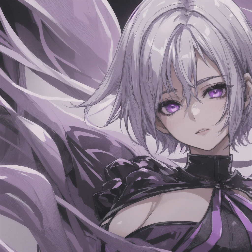 girl with short WHITE hair, purple eyes, black short dress with purple lighting around her, highly detailed high contrast hd masterpiece of best quality in high resolution