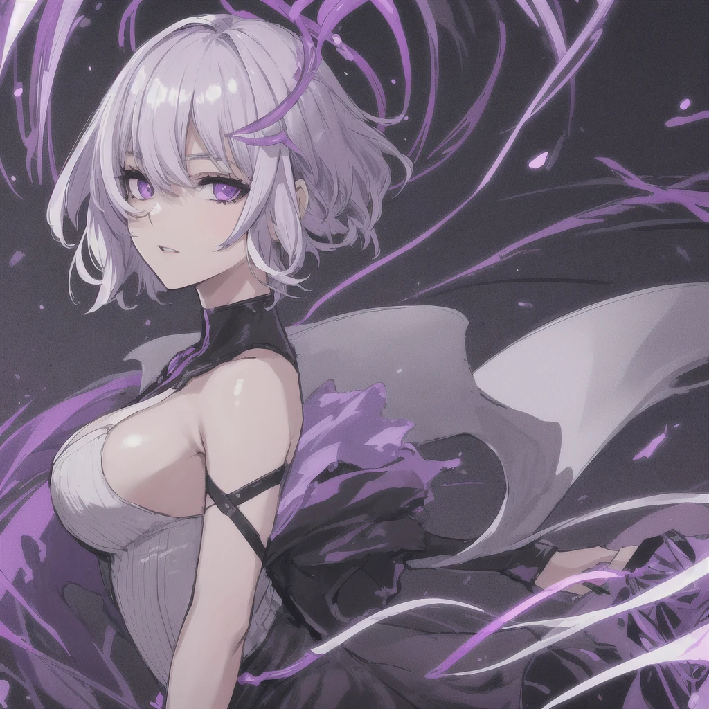 girl with short WHITE hair, purple eyes, black short dress with purple lighting around her, highly detailed high contrast hd masterpiece of best quality in high resolution