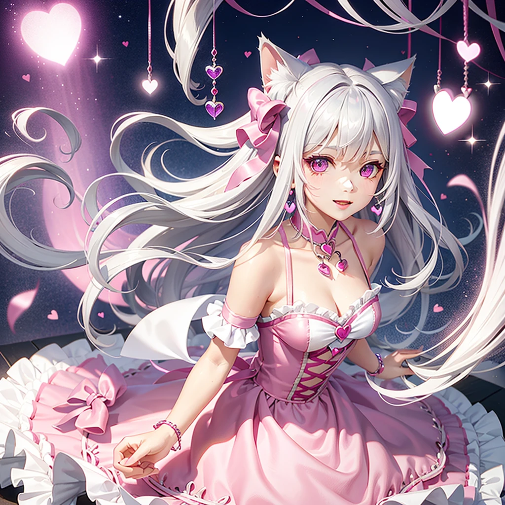 Silver hair, pink eyes, body, cat ears, girl, earrings, heart background fantasy, princess, godly, hair bows, happy face, pink dress, pet cat