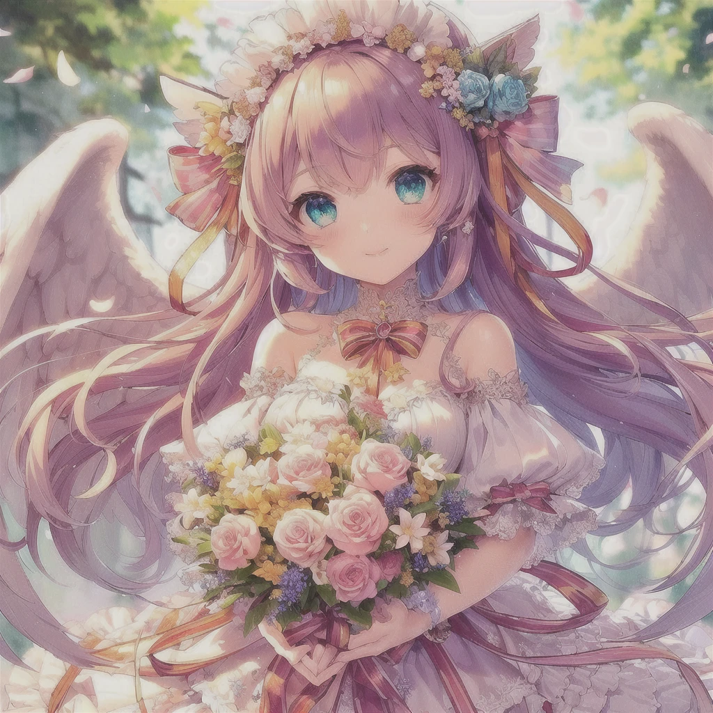 Anime girl with angel wings holding bouquet of flowers, of an beautiful Angel Girl, Cute anime waifu in a nice dress, Beautiful Anime girl, Anime Style 4k, anime art wallpaper 4k, anime art wallpaper 4k, Cute Anime Girl, Beautiful angel, Beautiful fantasy anime, Anime Art Wallpapers 8K, Angel Girl, Beautiful Anime, Cute Anime Girl