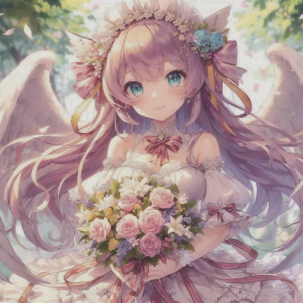 Anime girl with angel wings holding bouquet of flowers, of an beautiful Angel Girl, Cute anime waifu in a nice dress, Beautiful Anime girl, Anime Style 4k, anime art wallpaper 4k, anime art wallpaper 4k, Cute Anime Girl, Beautiful angel, Beautiful fantasy anime, Anime Art Wallpapers 8K, Angel Girl, Beautiful Anime, Cute Anime Girl