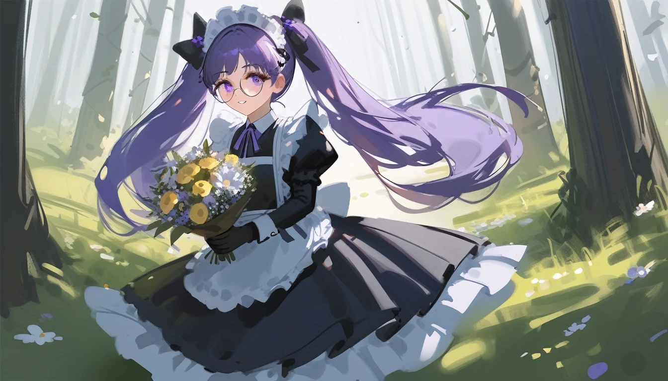 Ciloranko, wlop, 1girl, 独奏, flower, bouquet, purple eyes, maid headdress, looking at viewer, maid, apron, full body, long hair, twintails, holding, white background, long sleeves, holding bouquet, dress, bow, juliet sleeves, puffy sleeves, blush, Spring Flowering Forest, parted lips, frills, ribbon, two side up, hair bow, maid apron one girl, super high quality, Super Detail, Super Detailed image, long hair, looking at viewer, skirt, shirt, hair ornament, violet eyes,black gloves, round glasses, long sleeves,violet hair, round glasses, Flat Chest, smile